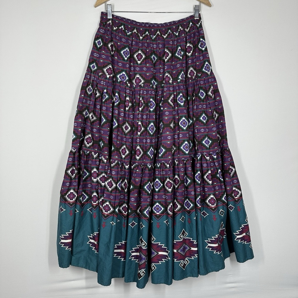 vintage southwestern tiered maxi skirt geometric Aztec boho medium purple 1990s